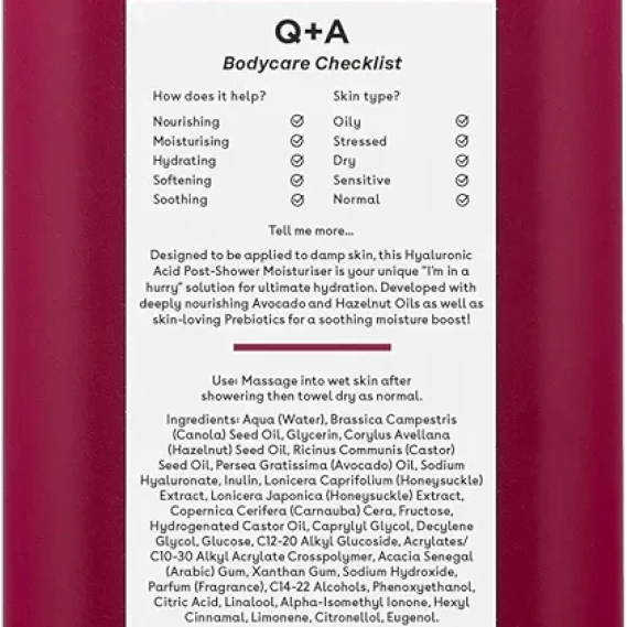 Q+A Hyaluronic Acid Post-Shower Moisturiser, blend of nourishing Avocado and Hazelnut Oils, plus Hyaluronic